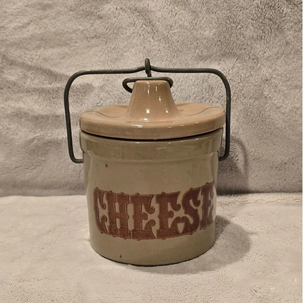 Vintage Stoneware Cheese Crock with Metal Bale Handle Tan Glazed Pottery Lid 5.5